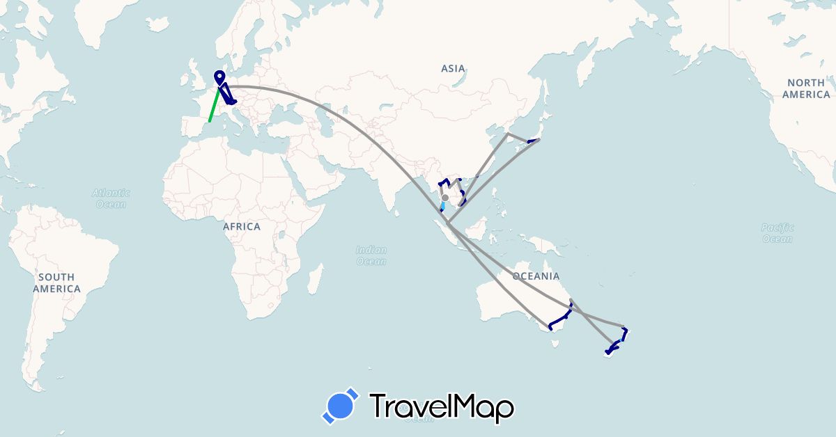 TravelMap itinerary: driving, bus, plane, boat in Austria, Australia, China, Germany, Spain, Italy, Japan, South Korea, Laos, Malaysia, New Zealand, Singapore, Thailand, Vietnam (Asia, Europe, Oceania)